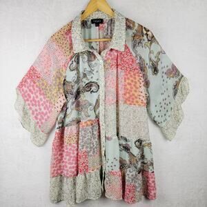 Bohemian Large Button 3/4 Flutter Sleeve Colorful Patchwork Floral Cottagecore